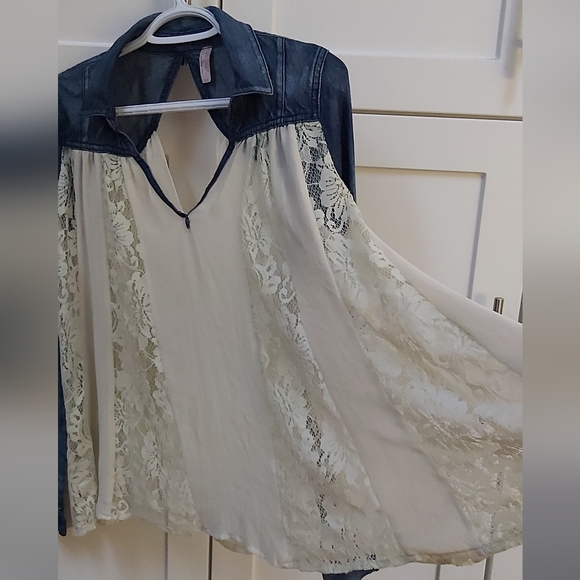 Free People denim and lace top - Picture 3 of 9